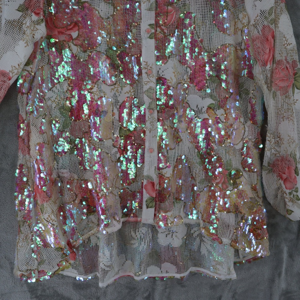 Berek Floral Mesh Sequined Top Womens XL White High-Low Maximalism $199 NWT - Picture 6 of 16